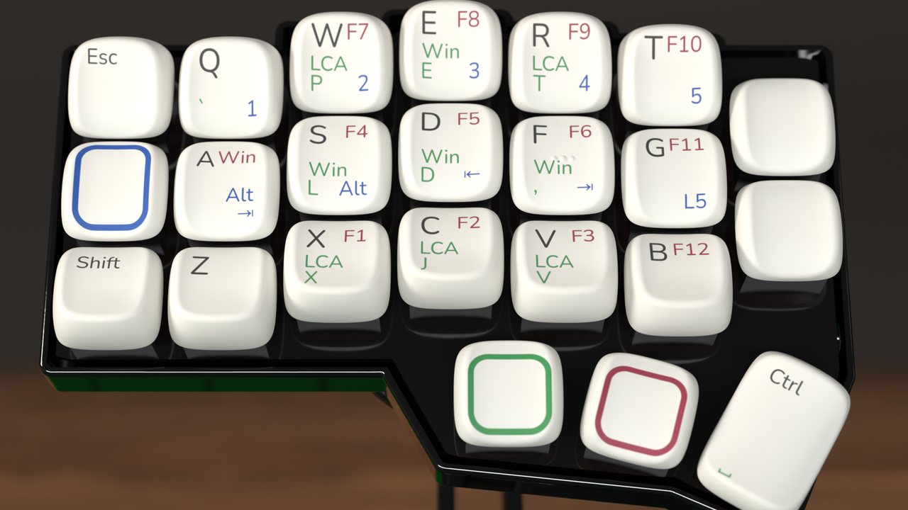 The left half of a Corne set made on this page, close up, on white KLP Lamé caps, each cap showing up to four layers