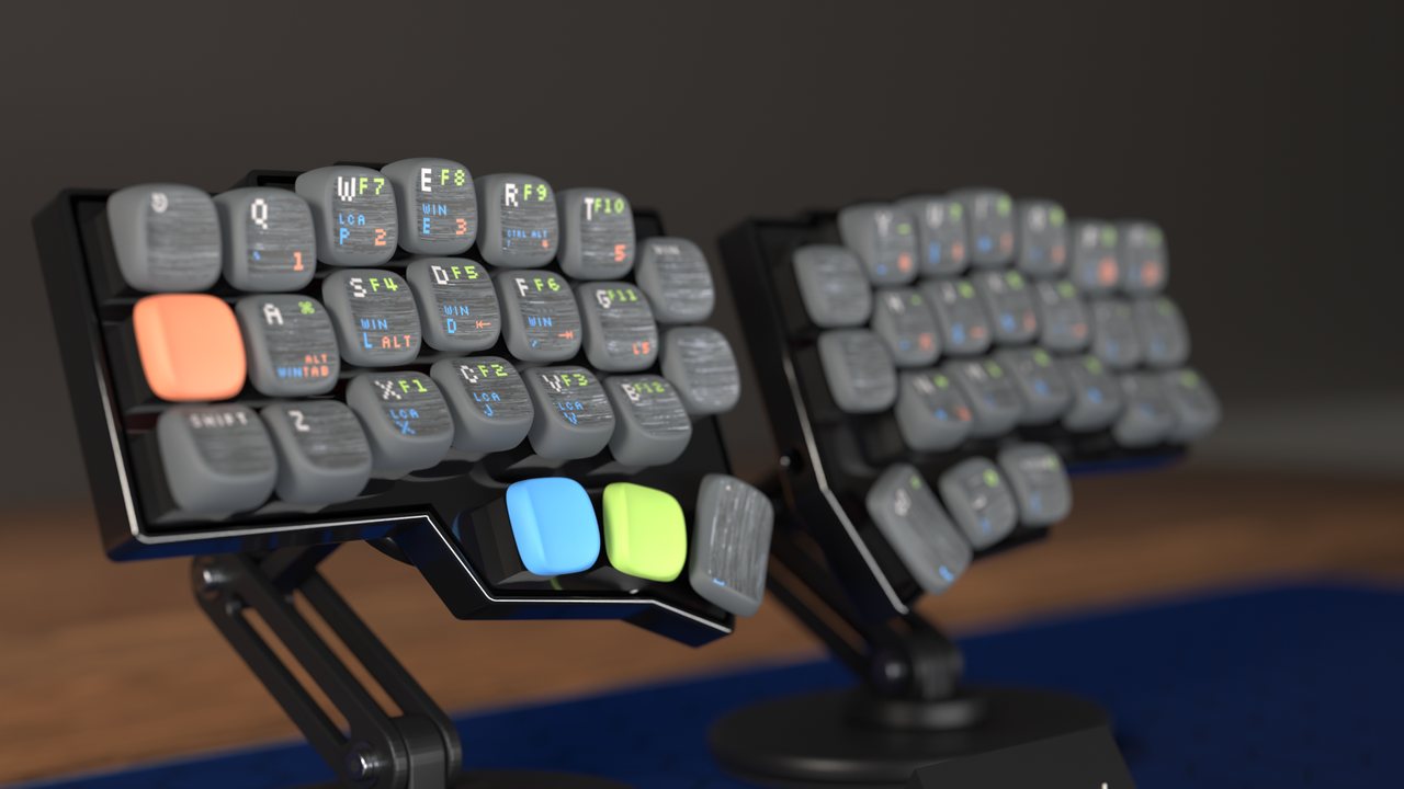 A Corne set made on this page, seen from the left, on KLP Lamé caps in brushed gunmetal, each cap showing up to four layers